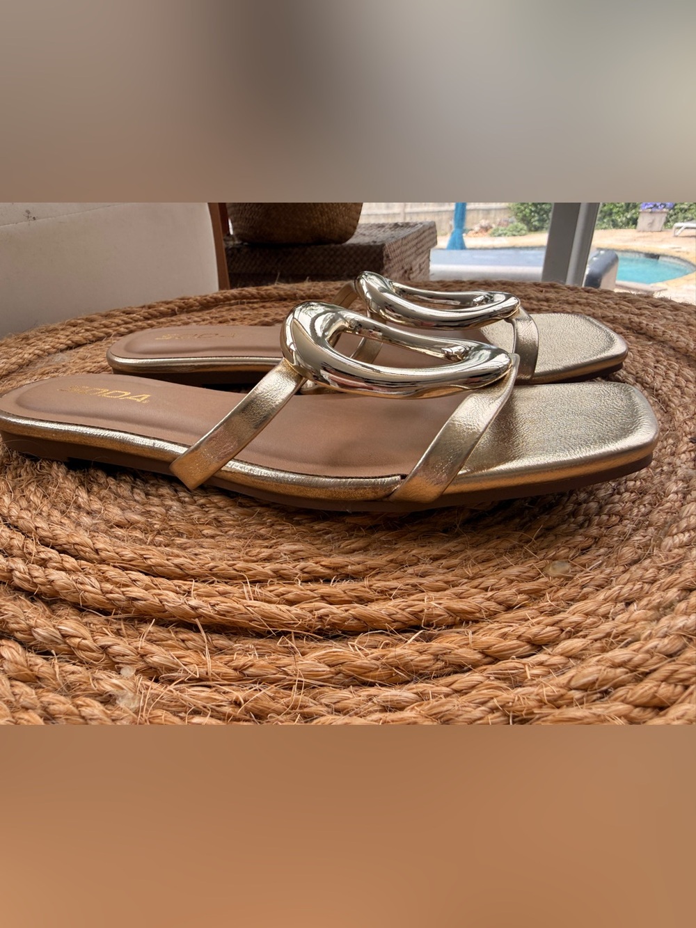 Gold Metallic Slide Sandals with Sculpted Accent - Picture 2 of 7